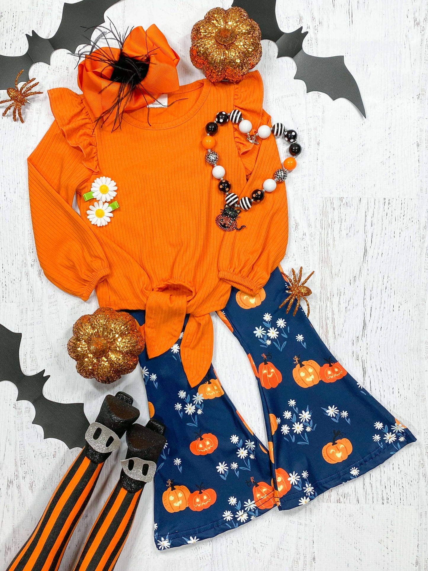 Jack-O-Lanterns And Flowers Ruffled Pants Set: 12y